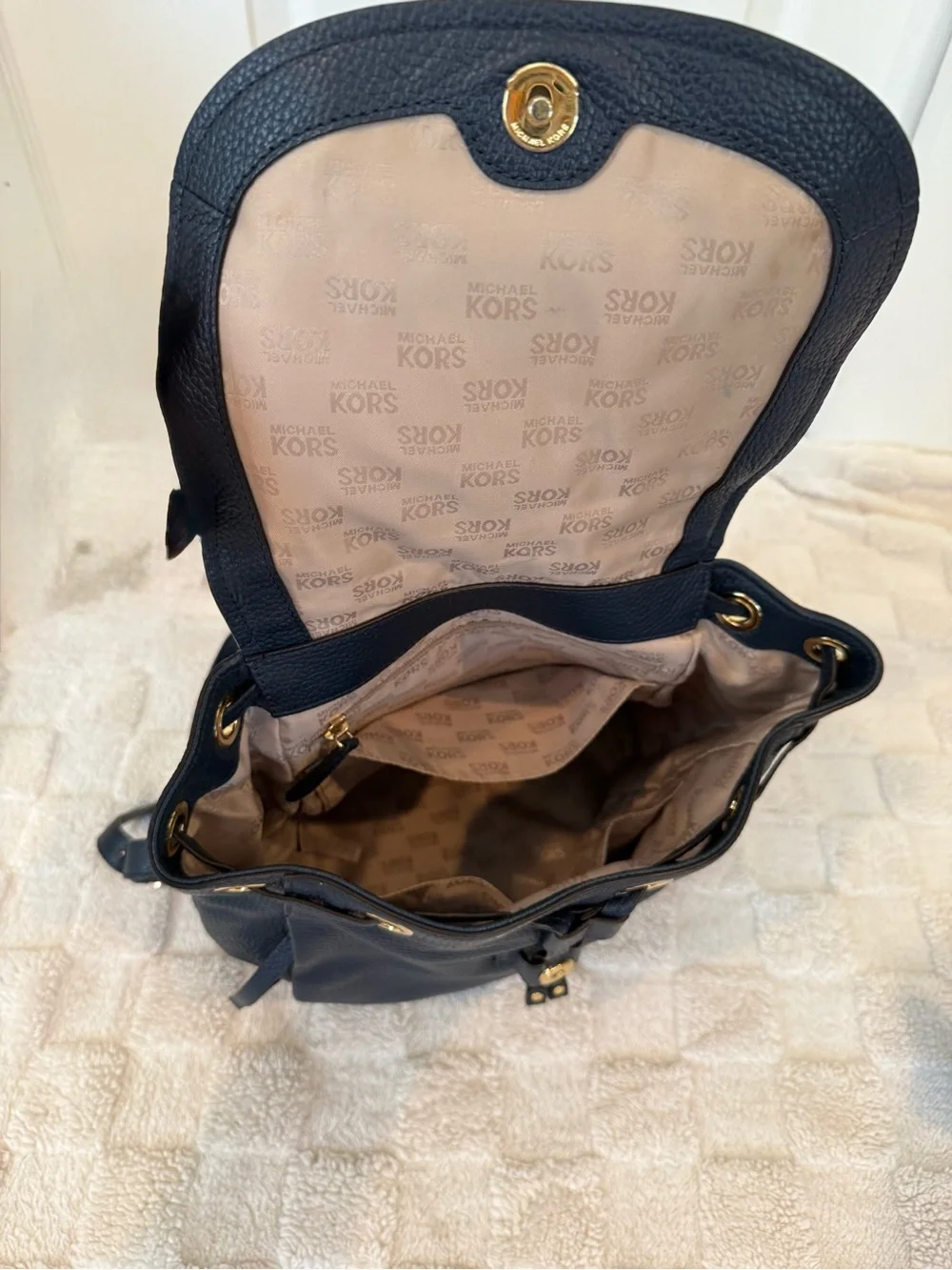 Michael Kors Navy Leather Backpack with Geometric Light Blue Flap
